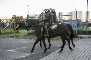 Widoczni umunudrowani policjanci i radiowozy oraz kibice w drodze na mecz