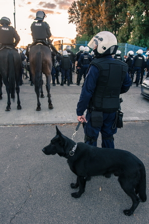 Widoczni umunudrowani policjanci i radiowozy oraz kibice w drodze na mecz