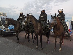 Widoczni umundurowani policjanci i radiowozy oraz kibice w drodze na mecz