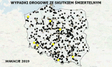 Mapa wypadków drogowych ze skutkiem śmiertelnym – WAKACJE 2019