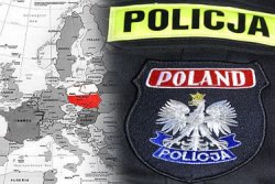 emblematy z napisem policja, w tle mapa europy z wyróżniona polską w barwach flagi