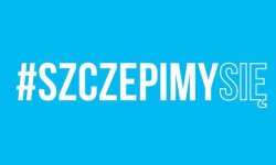 napis: &quot;szczepmy się&quot; na niebieskim tle