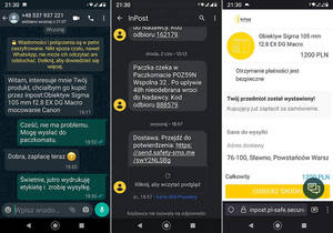 przykładowe wiadomości przesyłane przez oszustów- źródło inPost