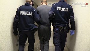 Policjanci doprowadzają sprawcę przestępstwa