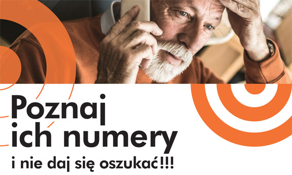 Grafika przedstawia seniora rozmawiającego przez telefon. Poniżej widnieje napis &quot;Poznaj ich numery i nie daj się oszukać&quot;
