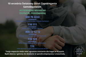 Grafika związana ze Światowym Dniem Zapobiegania Samobójstwom przedstawia numery telefonów zaufania.