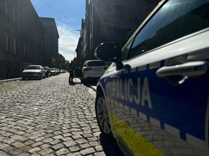 Zdjęcie przedstawia policyjny radiowóz i policjanta podczas kontroli drogowej