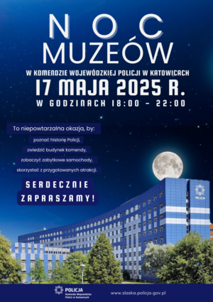 Grafika przedstawia plakat zapraszający na Noc Muzeów